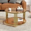 KIGFTSOD Modern Brown Glass Coffee Table, Asymmetrical Metal, Circular Metal Drum Base, Gold Finish & Lower Shelf - 3 of 4