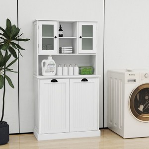 Two-Compartment Tilt-Out Dirty Laundry Basket Tall Bathroom Cabinet with 2 Adjustable Shelves-White - 1 of 4