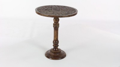 Majestic Floral Carved Dark Brown Mango Wood Round Accent Table