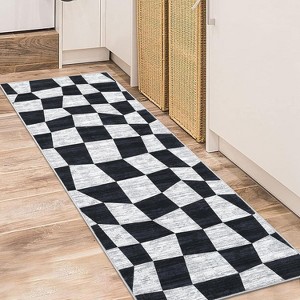 Acekool 2x6 Washable Plaid Rug – Modern Non-Slip Hallway Carpet, Stain-Resistant Geometric Design in Coastal Blue - 1 of 4