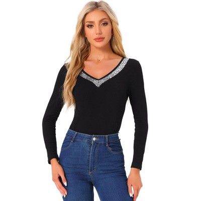 INSPIRE CHIC Women's Sequin Contrast Color Long Sleeve V Neck Basic Shirt