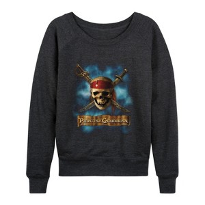 Women's - Disney - Skull And Crossbones Lightweight French Terry Wide Neck Long Sleeve Graphic Shirt - 1 of 4