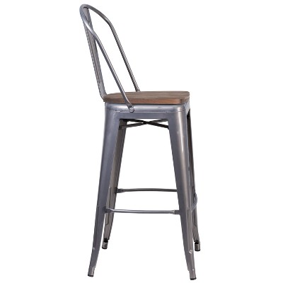 Rustic Silver Metal and Wood 30" Barstool with High Back