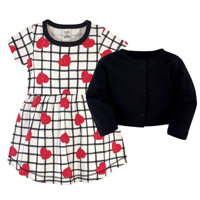Touched by Nature Baby and Toddler Girl Organic Cotton Dress and Cardigan 2pc Set, Black Red Heart, 3 of 6