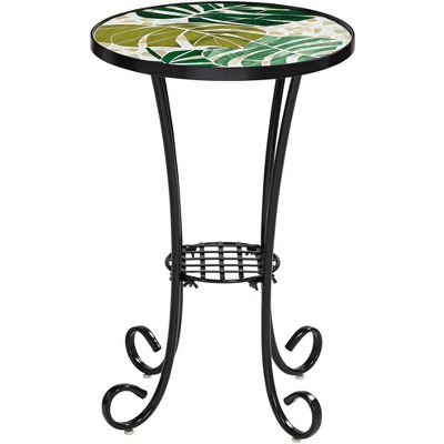 Contemporary Black Metal and Green Leaf Mosaic Outdoor Side Table