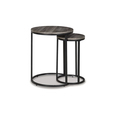 Gray and Black Round Wood Metal Nesting Tables, Set of 2