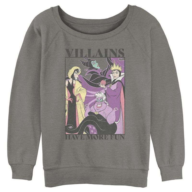 Juniors Womens Disney Villains Have More Fun Distressed Poster Sweatshirt, 1 of 5