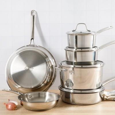 Sur La Table Kitchen Essentials Chef's Deck 10 Piece Stainless Steel Non Toxic Pots and Pans Kitchen Cookware Set w/Triply Encapsulated Base - Induction Safe - Thumbnail 4