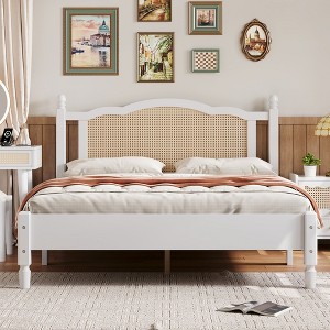 NicBex Full/Queen Size Vintage Platform Bed Frame with Natural Rattan Headboard and Footboard,No Box Spring Needed,Solid Pine Wood,White - 1 of 4