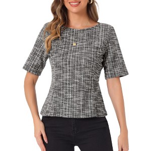 INSPIRE CHIC Women's Tweed Round Neck Short Sleeve Pullover Work Office Blouse - 1 of 4