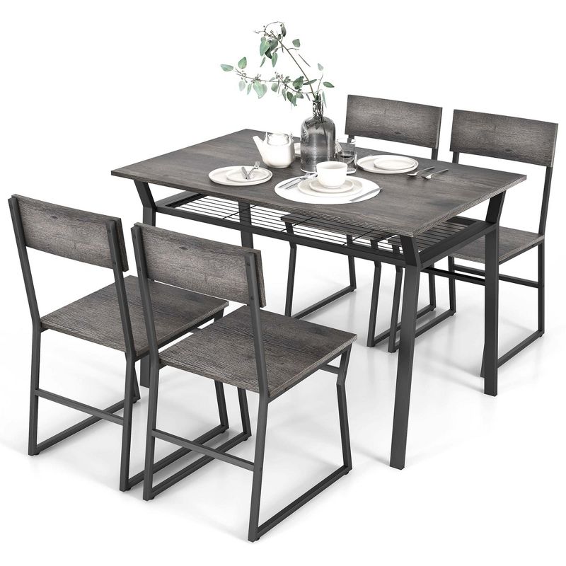 Costway 5 Piece Dining Table Set Industrial Rectangular Kitchen Table with 4 Chairs Grey/Brown, 1 of 11