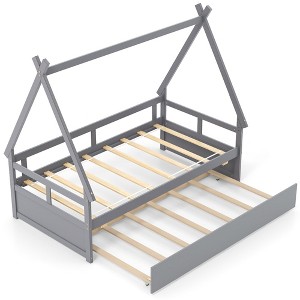 Tangkula Twin Size House Bed w/ Trundle Roof & Safety Guardrail Wood Slat Support Gray - 1 of 4