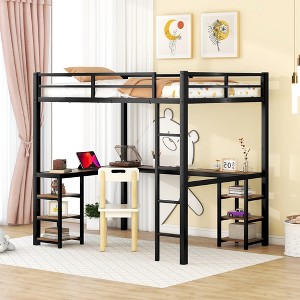 Full SizeMetal Loft Bed with Desk and Shelves for Bedroom - 1 of 4