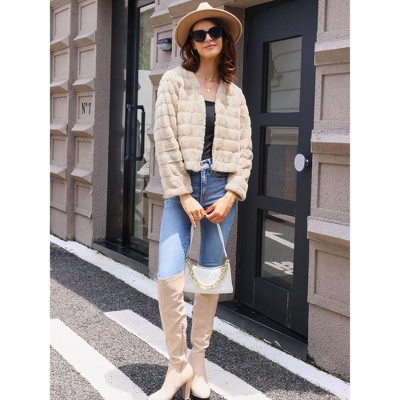 Allegra K Women's Winter Cropped Fluffy Long Sleeve Collarless Faux Fur Coat X-Small Apricot — фото 2