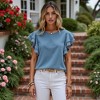 Knit & Lounge Women’s Pom Trim Ruffle Sleeve Blouse Lightweight Textured Woven Fabric Casual Summer Top - 2 of 4