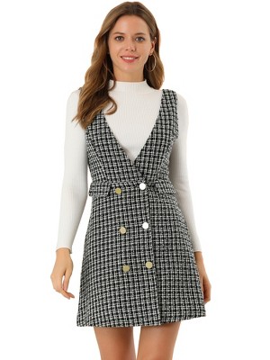 Allegra K Women's Elegant Vintage Button Front V Neck Plaid Tweed ...