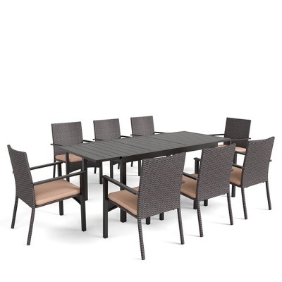 Captiva Designs 9pc Spacious Slat-top Rectangle Expandable Metal Table & Rattan Chairs with Removable Cushions