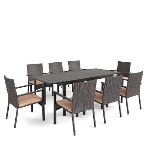 Captiva Designs 9pc Spacious Slat-top Rectangle Expandable Metal Table & Rattan Chairs with Removable Cushions - 1 of 4