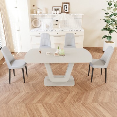 Vynxaria 5-Piece Expandable Dining Set-Rectangular MDF Table (U-Legs, 2-8 Seats) and 4 PU Cushioned Chairs, 10-15min Easy Assembly