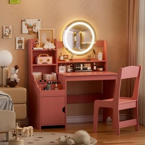PAKASEPT Kids Vanity Table Set with Lighted Mirror, Makeup Dressing Table Set with Stool, Storage Shelves&Cabinet, for Girls, Pink - 1 of 4