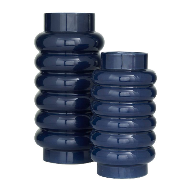 Set of 2 Ceramic Vase with Stacked Ring Design Dark Blue &#8211; CosmoLiving by Cosmopolitan, 4 of 7