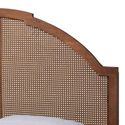 Walnut Brown King Wood Frame Platform Bed with Rattan Headboard