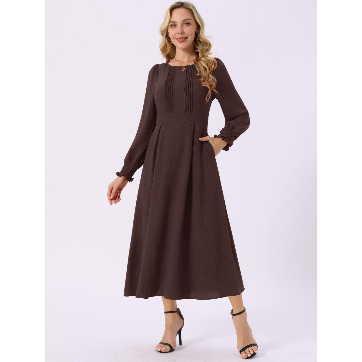Женские платья INSPIRE CHIC Women's Elegant Frilled Crewneck Midi Long Sleeve Pleated A-Line Flowy Dress with Pockets Coffee Large — фото 2