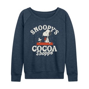 Women's - Peanuts - Snoopys Cocoa Shoppe Lightweight French Terry Wide Neck Long Sleeve Graphic Shirt - 1 of 4