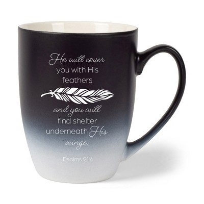 He Will Cover You With His Fears  You Will Find Shelter Underneath His Wings Two Toned Matte Black  White 12 ounce Ceramic Stoneware Coffee Cup Mug