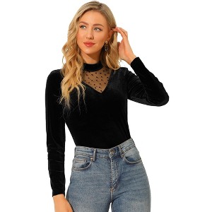 INSPIRE CHIC Women's Casual Velvet Long Sleeve Choker Neck Heart Dots Mesh Panel Top - 1 of 4