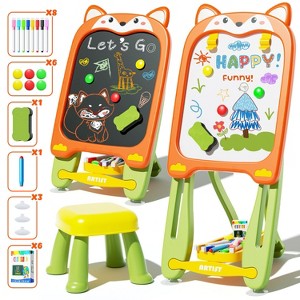 Skirfy 4-in-1 Easel for Kids, Adjustable Easel Toy with Chair for Ages 2-4, Flippable Sided Magnetic Drawing Board with Storage, Gift for Toddlers - 1 of 4