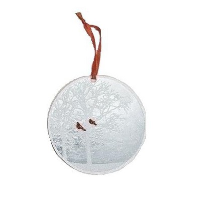 Roman 4" Winter Scene with Trees and Glitter Birds Metal Disk Christmas Ornament - White/Red