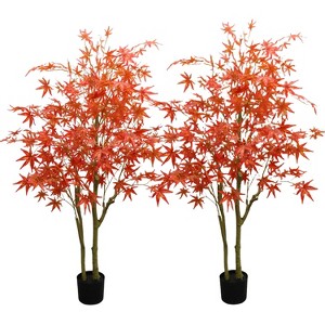 2Pcs  Autumn Maple Artificial Fall Tree,5ft Faux Red Maple Leaves Silk Maple Tree with Planter for Thanksgiving Harvest Fall Festival Home Decoration - 1 of 4