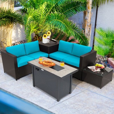Tangkula 5PCS Patio Rattan Furniture Set Fire Pit Table w/ Cover Storage Cushion