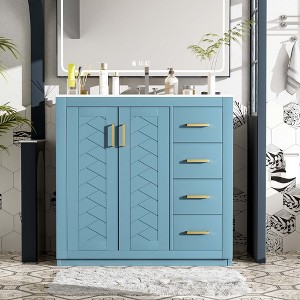 TIRAMISUBEST 36" Bathroom Vanity Set - Solid Wood Cabinet with Ceramic Sink, 3 Soft-Close Drawers & Doors, Freestanding Storage - 1 of 4