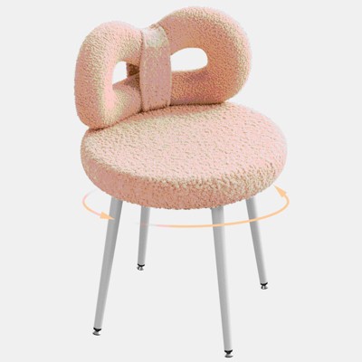 ROOMTEC Vanity Chair with Back, Swivel Makeup Chair,No Wheels Bedroom Pink Chair,Small Swivel with Upholstered and Cute Bow Backrest
