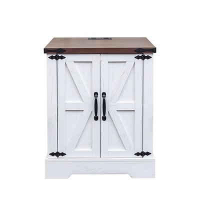 VYNXARIA Farmhouse End Table with Charging Station. Adjustable Shelf, 19.6"W Versatile Walnut Sofa Side Table for Bedroom, Living Room,White