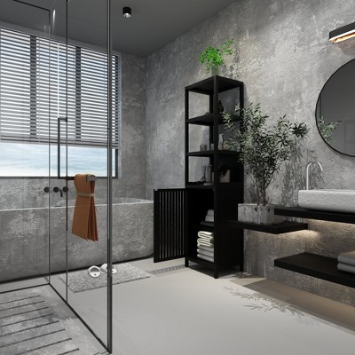 Chic Crate BLACK Slim Tall Cabinet – Shutter Door +3 Tier Shelves | Freestanding Linen Tower | Bathroom/Kitchen/Living Room | Bamboo