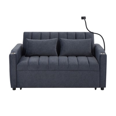 NicBex 2 Seater Loveseat Sofa Modern Convertible Pull-Out Sofa Bed with 3 USB Ports & 2 Side Pockets for Bedroom,Living Room,Blue