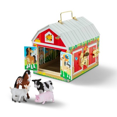 Melissa & Doug Latches Wooden Activity Barn with 5 Doors, 4 Play Figure Farm Animals