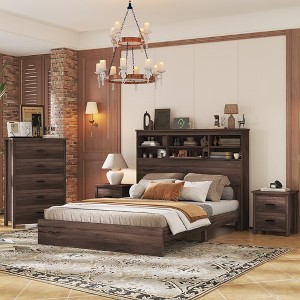 VYNXARIA Vintage Queen Size 4-Piece Bedroom Set with Wooden Bed Frame, Nightstands, and Dresser - 1 of 4
