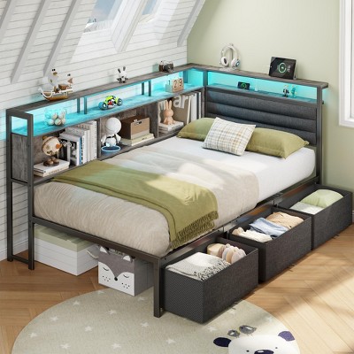 Bed Frame with Storage Bookcase and LED Lights Twin Size Bed Frames with Upholstered Headboard and Charging Station Twin Daybed with 3 Storage Drawers