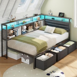 Bed Frame with Storage Bookcase and LED Lights Twin Size Bed Frames with Upholstered Headboard and Charging Station Twin Daybed with 3 Storage Drawers - 1 of 4