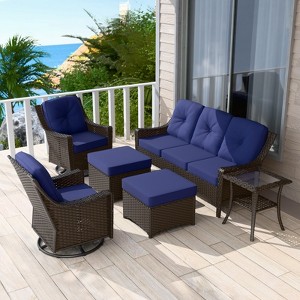 EAGLE PEAK Azure Bay 6 Pieces Wicker Outdoor Patio Furniture Set , Sofa and Swivel Chairs with Ottomans and Side Table - 1 of 4