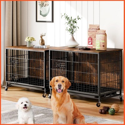 Dog Crate Furniture, Wooden Dog Crate with Double Doors, Large Dog Furniture Pull-Out Tray