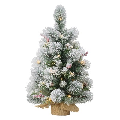 2ft Puleo Pre-Lit Flocked Tabletop Artificial Christmas Tree with Pine Cones Clear Lights