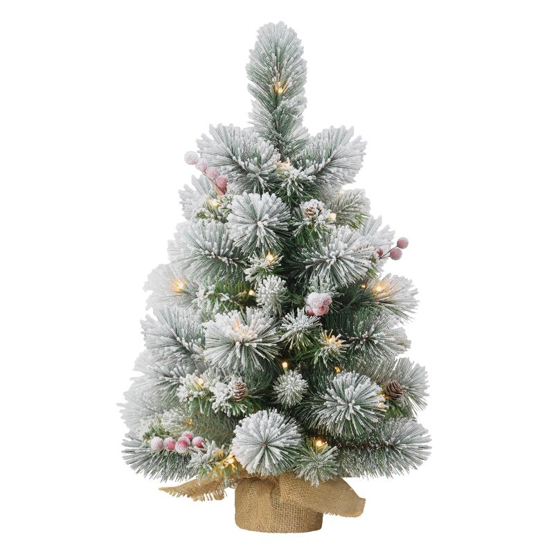 2ft Puleo Pre-Lit Flocked Tabletop Artificial Christmas Tree with Pine Cones Clear Lights, 1 of 5
