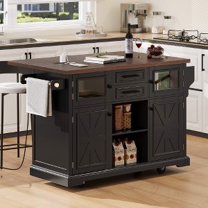 ORRD 54.9" Black Kitchen Island with Drop Leaf, Power Outlet, Glass Door & 4-Door Storage on Rolling Wheels - 1 of 4