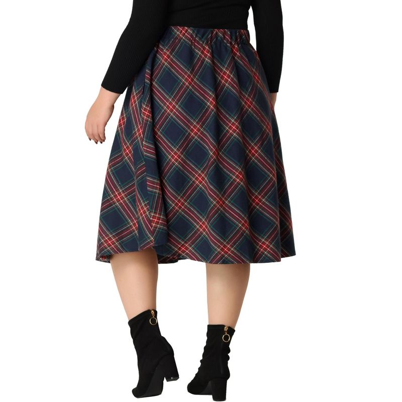 Agnes Orinda Women's Plus Size Velvet Plaid Elastic Waist Flare Fall A Line Skirts, 4 of 7