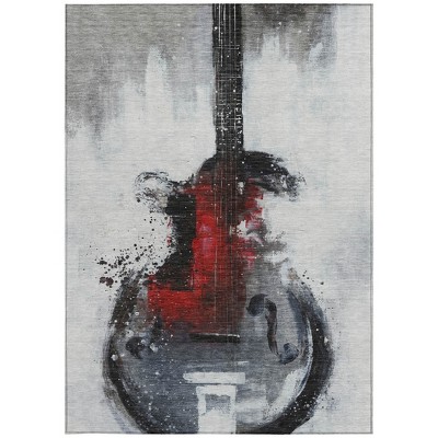 Gray Charcoal And Red Abstract Washable Indoor Outdoor Area Rug